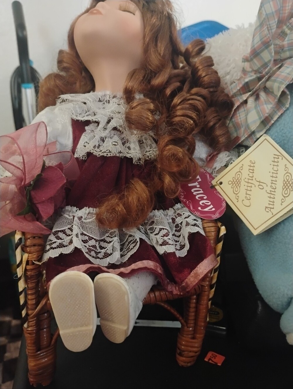 Trac Porcelain Collector Doll in Burgundy Dress